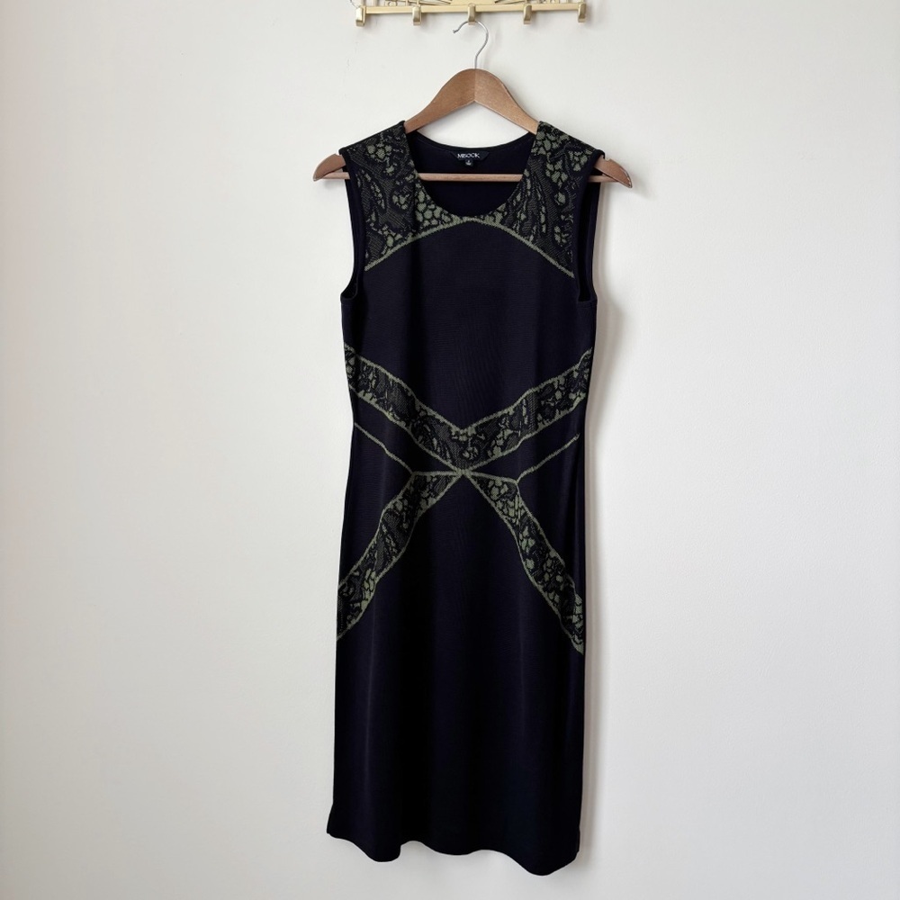 Misook Black & Green Lace Print Sleeveless Sheath Dress Small Luxury Workwear